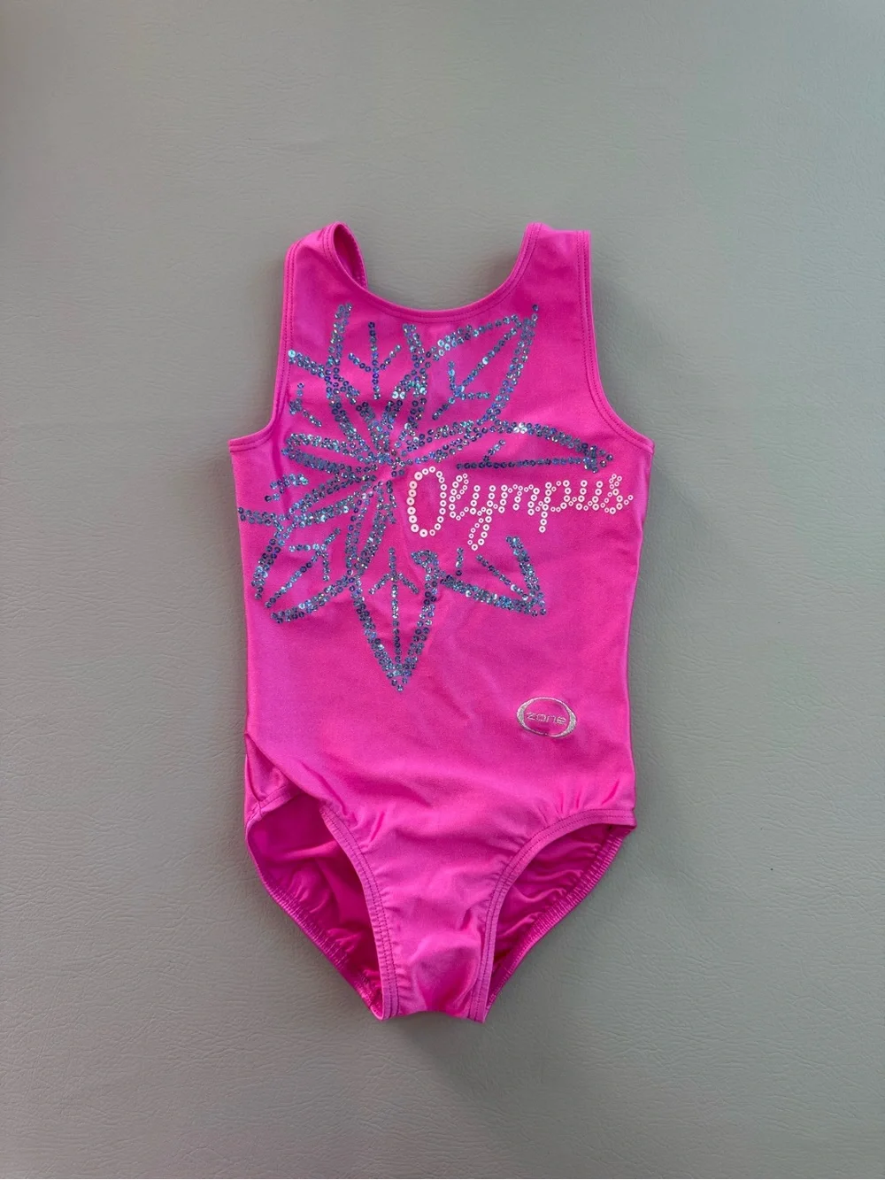 Ozone Sequin Neon Pink Leotard size Youth Medium YM with Flower and Olympus
